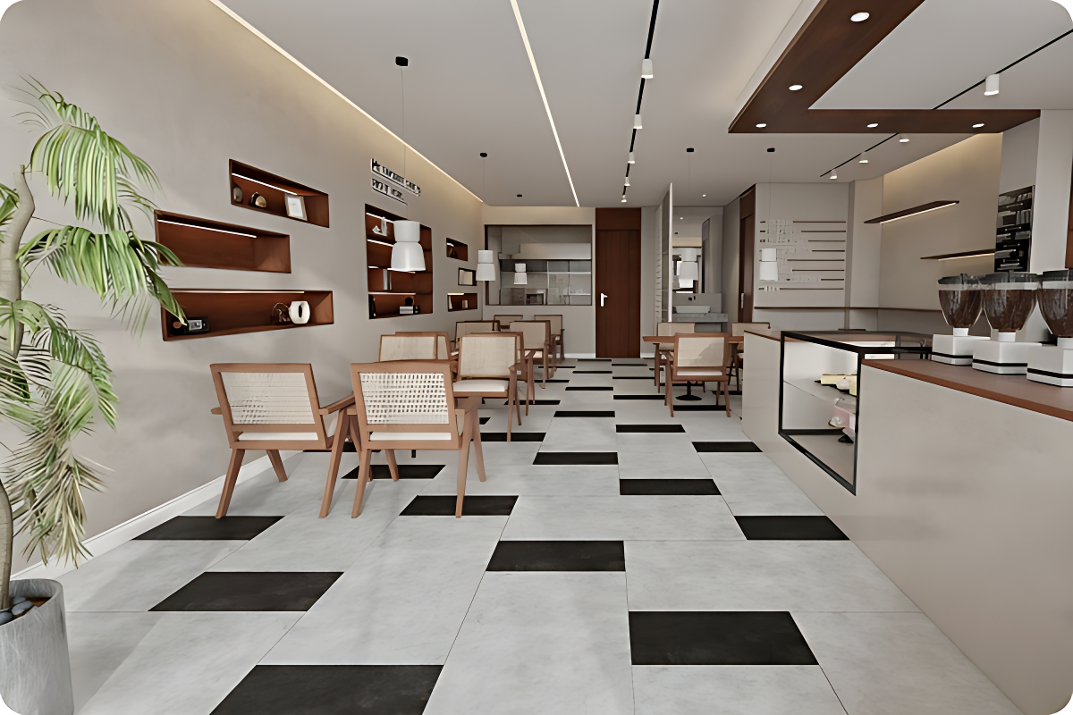 Lantai granit tile abu-abu elegan pada ruang tamu mewah