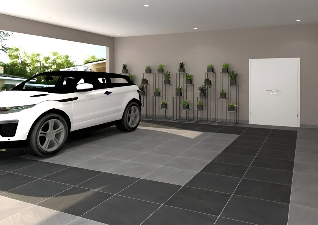 Lantai keramik carport motif batu alam modern